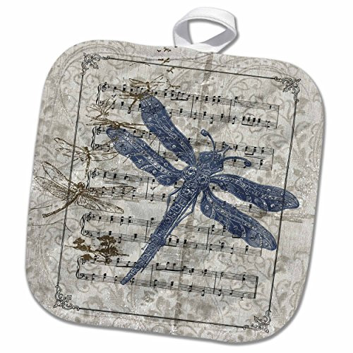 3D Rose Vintage Dragonflies on Sheet of Music Pot Holder, 8" x 8"