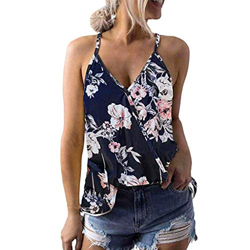 Women Print Floral Vest Blouse Casual V Neck Sleeveless Shirts Tunics Tops Summer Camisole Beach Tanks Tops T Shirts -Navy  M-