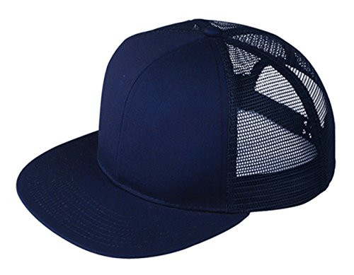 G Men_s Solid Color Flat Bill Snapback Mesh Trucker Cap -Navy Blue-