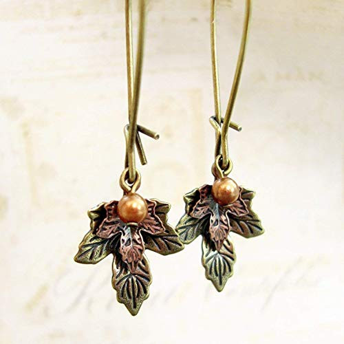 Vintage Style Autumn Maple Leaf Earrings in Antiqued Brass with Swarovski Simulated Pearls Vintage Style Autumn Maple Leaf Earrings in Antiqued Brass with Swarovski Simulated Pearls