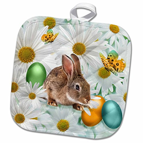 3D Rose Easter Bunny Daisy Garden with Colored Eggs and Butterflies Pot Holder, 8 x 8