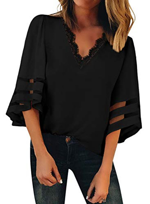 BLENCOT Womens Juniors Chiffon Blouse Shirt 3 4 Bell Sleeve Lace V Neck Patchwork Summer Casual Tops Black Small BLENCOT Womens Juniors Chiffon Blouse Shirt 3 4 Bell Sleeve Lace V Neck Patchwork Summer Casual Tops Black Small
