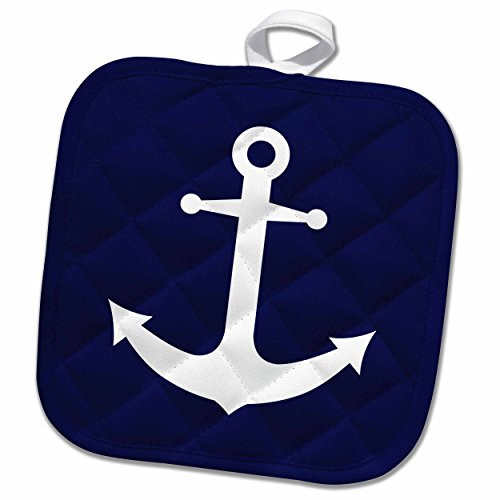 3D Rose Navy Blue Nautical Anchor Design Pot Holder, 8 x 8, White