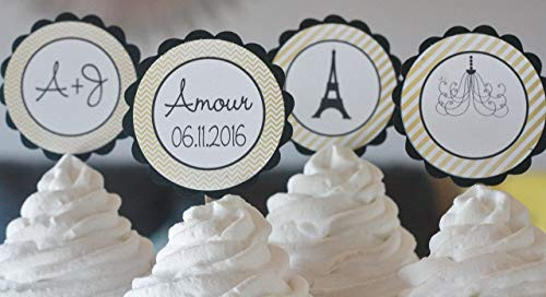 12 - Gold  and  Black Paris French Eiffel Tower Theme Birthday Cupcake Toppers - Party Packages  Favor Tags  Banners  Door Signs Available