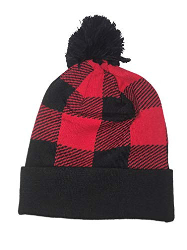 Red Black Buffalo Plaid Flannel Look Cuffed Long Winter Pom Watch Stocking Cap Hat