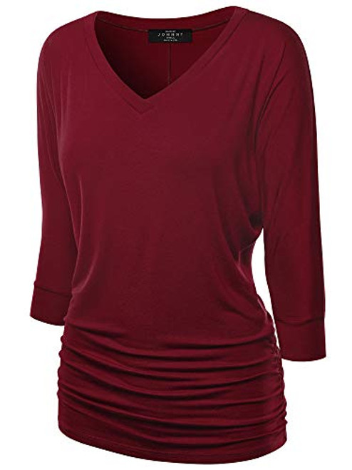 Made By Johnny MBJ WT1036 Womens V Neck 3 4 Sleeve Dolman Top with Side Shirring XS Wine