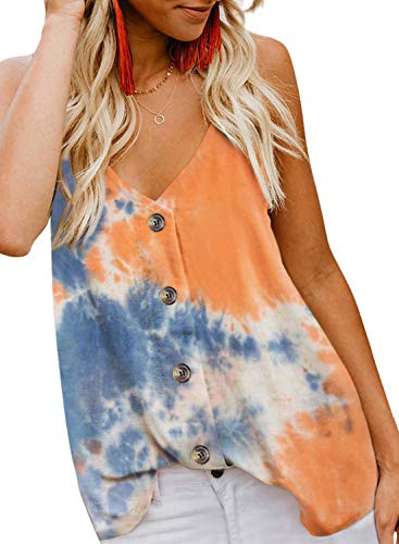 BLENCOT Women_s Summer Tie Dye Button Down V Neck Strappy Tank Tops Loose Casual Sleeveless Shirts Blouses Orange XL