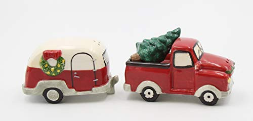 Fine Ceramic Christmas Holidays Travel Vintage Truck with Camper Trailer Salt  and  Pepper Shakers Set  3-3 4inch  L