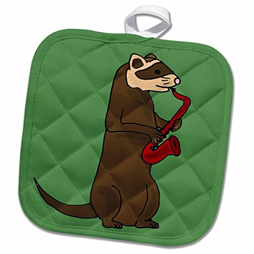 3D Rose Funny Ferret Playing a Red Saxophone Pot Holder, 8 x 8