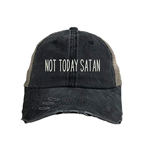 Not Today Satan Embroidered Distressed Trucker Hat -Frayed Bill Mesh Back Cap -Black-