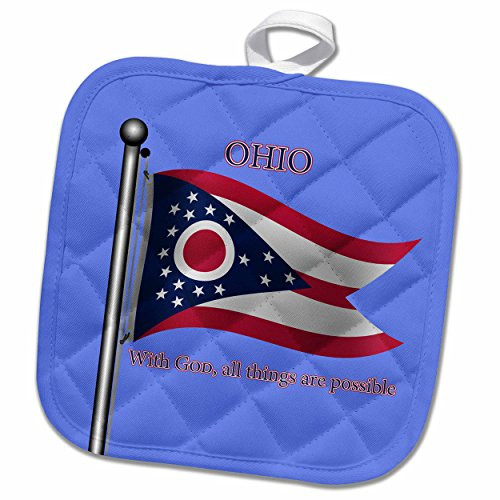 3D Rose Waving Flag of Ohio on Pole with State Name and Motto. Pot Holder, 8 x 8"