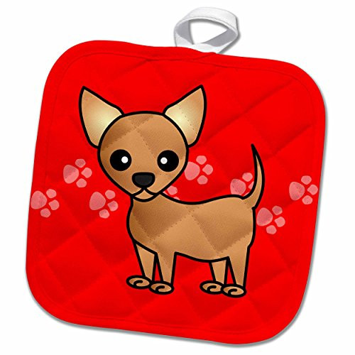 3D Rose Cute Tan Chihuahua Red Paw Print Background Pot Holder, 8" x 8" 3D Rose Cute Tan Chihuahua Red Paw Print Background Pot Holder, 8" x 8"