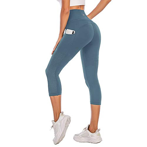 PARWIN High Waisted Yoga Pants for Women Pocketed Workout Capri Leggings with Mesh Tummy Control Compression Capris for Running Exercise Gym Fitness Navy Blue-XL