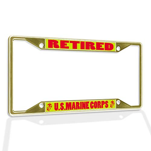 Fastasticdeals Metal Insert License Plate Frame Retired U.S.Marine Corps Weatherproof Car Accessories Gold 4 Holes Solid Insert