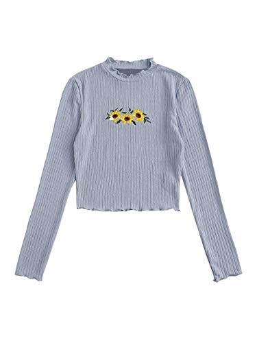 Floerns Women_s Lettuce Trim Long Sleeve Embroidery Rib Knit Tee Tops Blue XS