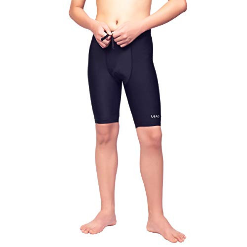 LEAO Youth Boys Swim Jammers Solid Swimsuit UPF 50 Plus Sun Pretection Quick Dry Athletic Swimming Shorts Black S