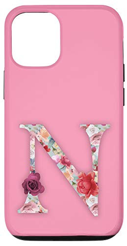 iPhone 12 12 Pro Floral Monogram Initial Capital Letter N on Pink Background Case