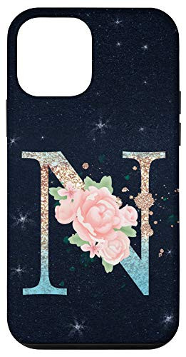 iPhone 12 mini Floral Monogramm Letter N Stars Blue Background Case