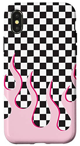 iPhone X XS Pastel Pink Fire Flames Case Checkered Pattern Goth Punk Case