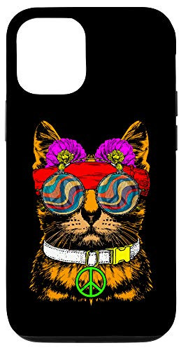iPhone 12 12 Pro Hippie Cat Peace Sign Retro Vibes Cat 60_s 70_s Vintage Case