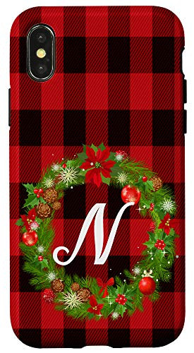 iPhone X XS Letter N Initial Buffalo Red Plaid Monogram Christmas Gift Case