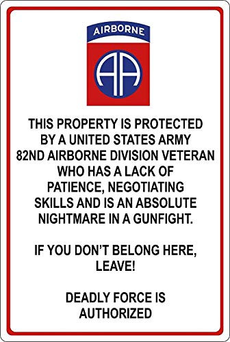 Property Protected by 82nd Airborne Veteran U.S. Army 8inch x12inch  Funny Decorative Metal Tin Sign Manhole Wall Poster PP-17