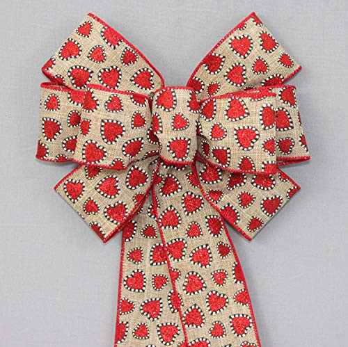 Stripe Edge Sparkle Hearts Natural Rustic Valentine_s Day Bow in 2 Size Options
