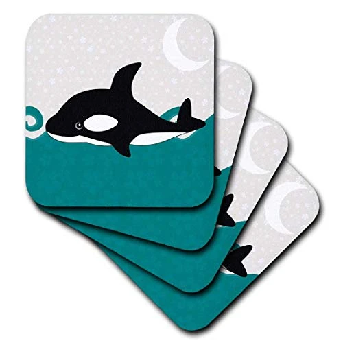 3dRose cst_58603_1 Cute Orca Whale in The Ocean at Night-Soft Coasters, Set of 4