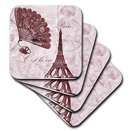 3dRose cst_63541_1 Paris Vintage Eiffel Tower Time in Pinks-Soft Coasters, Set of 4