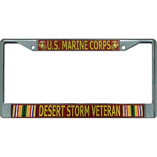 License Plate Frame  Car License Plate Frame Frame Aluminum Universal Flat Hole License Plate Frame U.S. Marine Corps Desert Storm Veteran Chrome