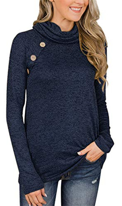Unidear Womens Cowl Neck Button Long Sleeve Pullover Sweatshirt Tunic Top Casual Shirts 3 Navy Blue XL