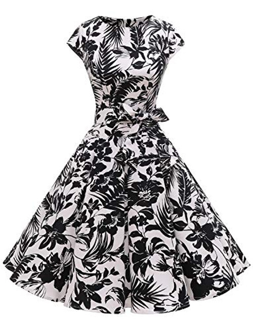 Dressystar Women Vintage 1950s Rockabilly Prom Dresses Retro Cocktail Party Dress 1956 WhiteBlackFlower XL
