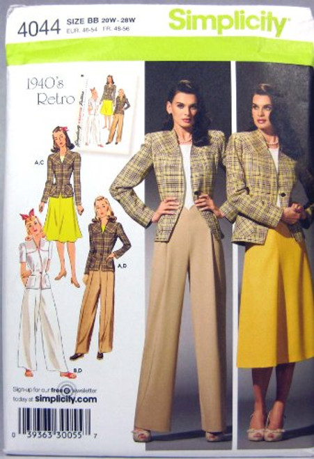 Simplicity 1940_s Retro Pattern 4044 Women_s Skirt  Pants and Lined jacket Sizes 20W-28W