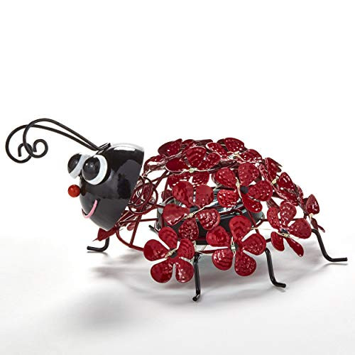 The Lakeside Collection Solar Lighted Ladybug with Metal Flower Accents - Tabletop Lighted Decor