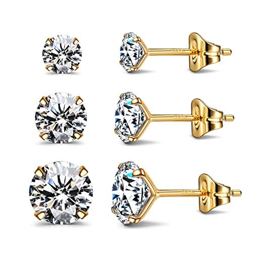 CZ Stud Earrings 925 Sterling Silver 18K Gold Plated Round Cubic Zirconia Hypoallergenic Set -18K Gold Round- CZ Stud Earrings 925 Sterling Silver 18K Gold Plated Round Cubic Zirconia Hypoallergenic Set -18K Gold Round-