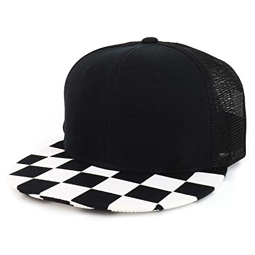 Armycrew Checkered Flat Bill Mesh Back Snapback Trucker Cap - Black White