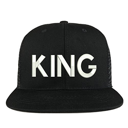 Trendy Apparel Shop King Embroidered Cotton Flat Bill Mesh Back Trucker Cap - Black