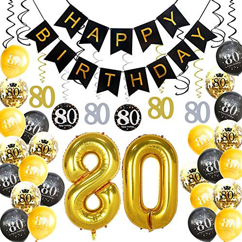 HankRobot 80th Birthday Decorations Party Supplies?42pack? Gold Number Balloon 80 Happy Birthday Banner Latex Balloons-Black  Golden- Confetti Balloons -Great for 80 Eighty Years Old Birthday Party