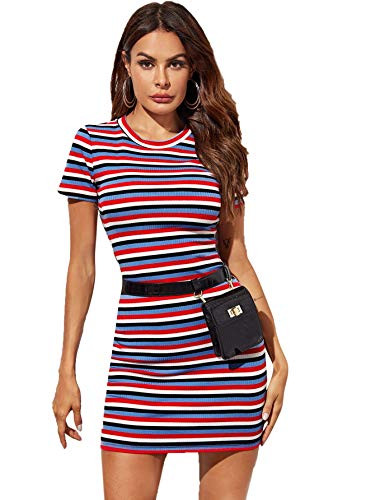 Floerns Women_s Casual Short Sleeve Striped Bodycon T Shirt Short Mini Dress B-Multi XS