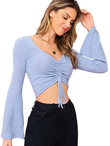 Floerns Women_s Solid V Neck Drawstring Front Bell Sleeve Knit Crop Top Tee Blue XS