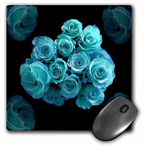 3dRose LLC 8 X 8 X 0.25 Inches Mouse Pad, Dreamy Turquoise Blue Rose Bouquet Surrounded by Four Roses on Black Background (mp_29850_1)