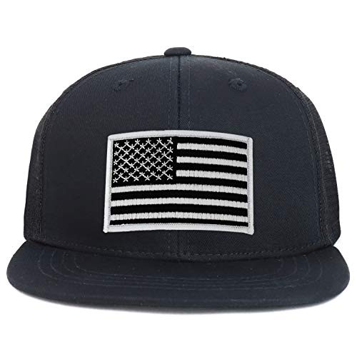 Armycrew Youth Kid_s Black White American Flag Patch Flat Bill Snapback Trucker Cap - Black Black