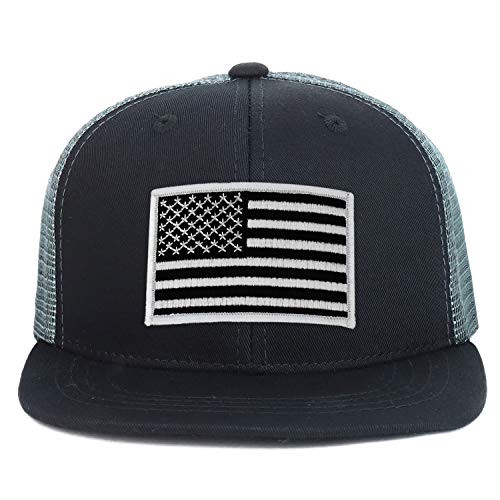Armycrew Youth Kid_s Black White American Flag Patch Flat Bill Snapback Trucker Cap - Black Grey