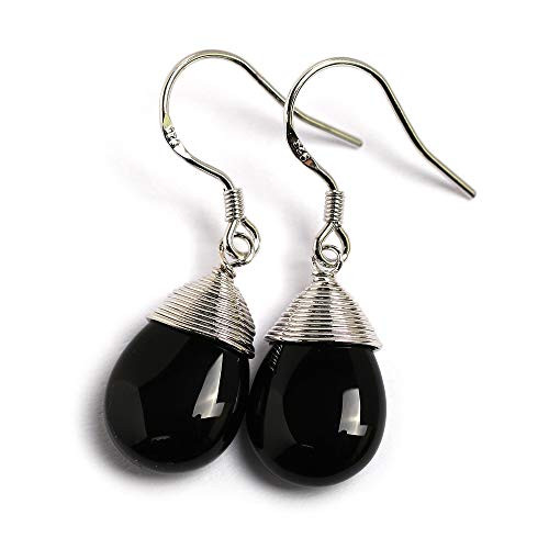 Natural Stone Wire Wrap Dangle Drop Earrings Platinum Plated 925 Sterling Silver Hook Black Onyx Water Drop