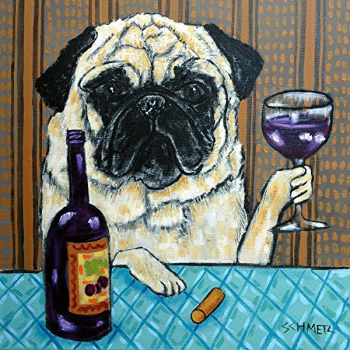 Pug at the Wine Bar Dog art tile coaster gift Pug at the Wine Bar Dog art tile coaster gift