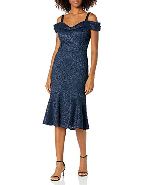 R and M Richards Women_s Laced Off The Shoulder Cocktail Dress   Navy   6