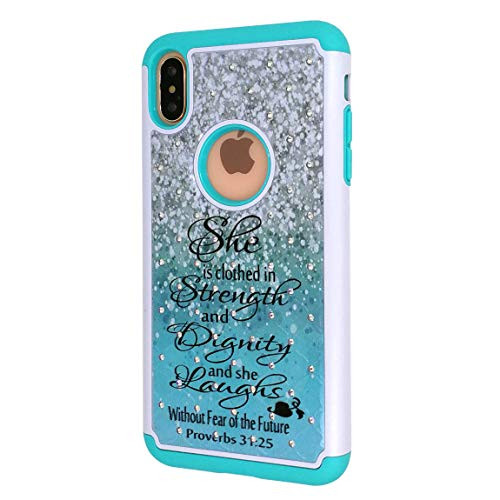 iPhone Xs Max Case Christ Quotes Bible Verse Proverbs 31 25 Studded Rhinestone Bling Hybrid Dual-Layer Shock Absorption Anti Scratch Protective Case Cover for iPhone Xs Max 6.5inch  Green