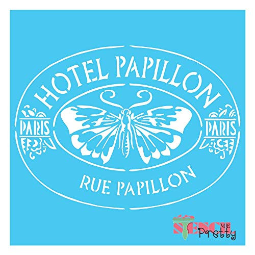 Stencil - French Hotel Papillon Best Vinyl Large Stencils for Painting on Wood  Canvas  Wall  etc.-S -13inch  x 9.5inch -- Brilliant Blue Color Material