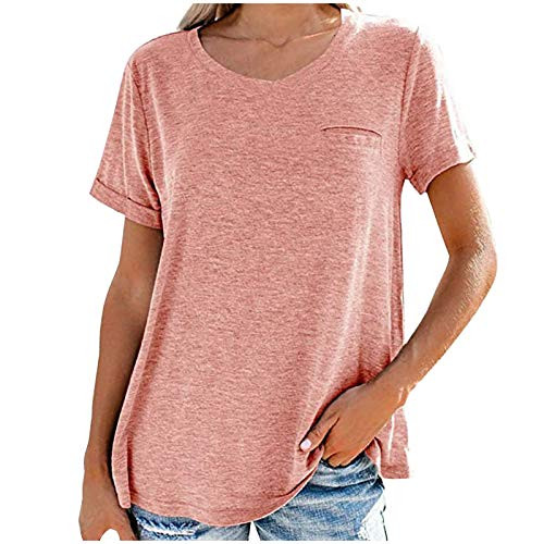 OutTop Womens Tops with Pocket Casual Crewneck Short Sleeve Solid Loose Comfy Daily Cotton Shirts Blouse Tees Tunic -Pink  XL-