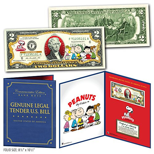 PEANUTS - Charlie Brown  and  Gang Genuine U.S. 2 Bill in 8x10 Collectors Display